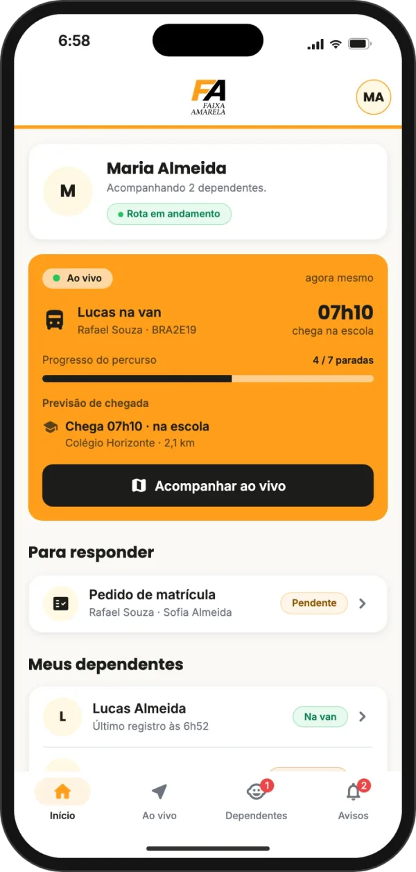 Tela inicial do responsável no app Faixa Amarela com a rota em andamento e os dependentes